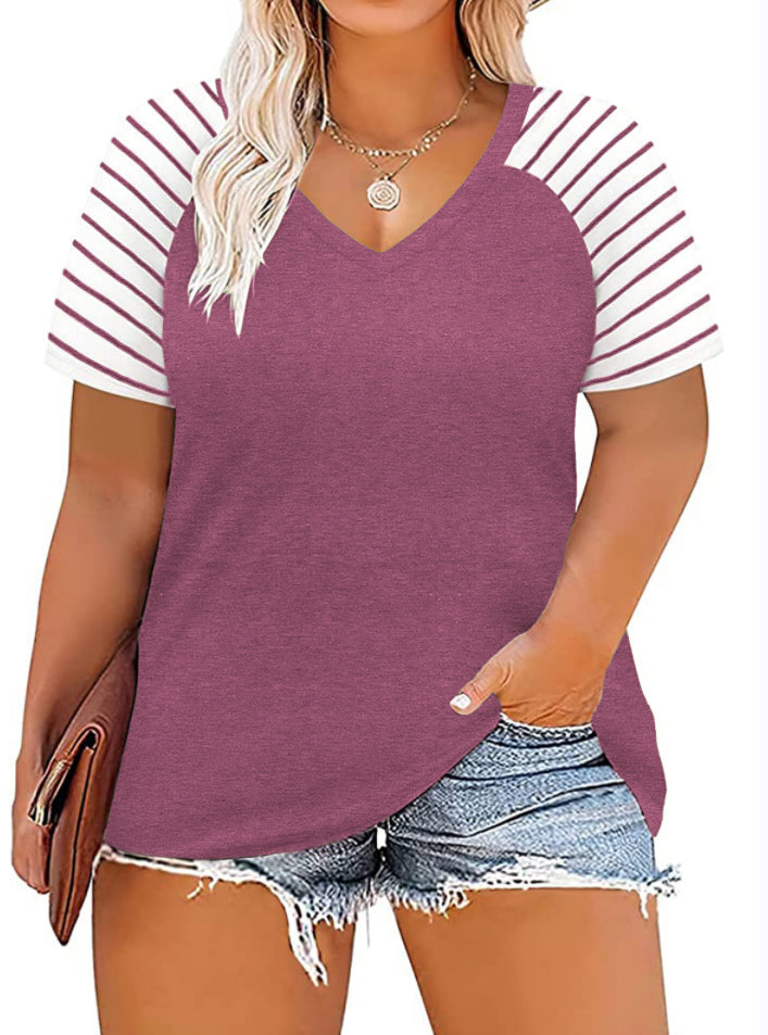 VISLILY Women's-Plus-Size-Tops V Neck Striped Raglan T Shirts Summer Short Sleeve Tee