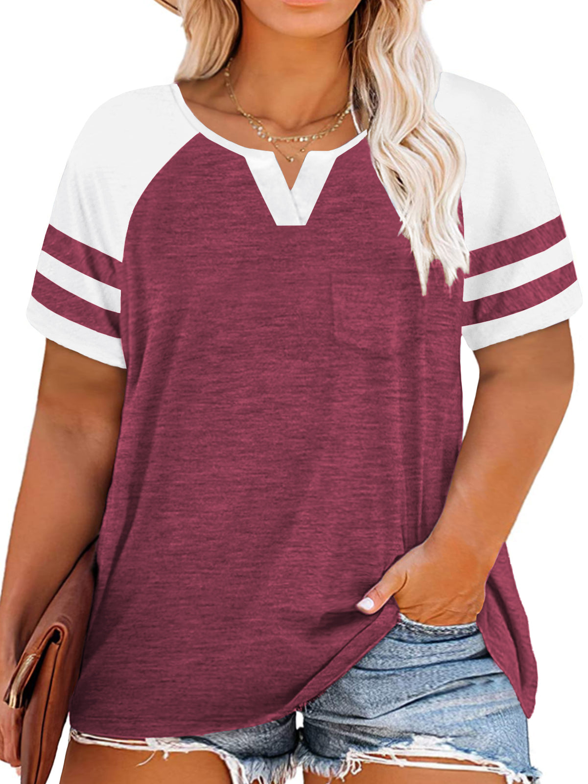 VISLILY Plus-Size Tops for Women Summer V Neck T Shirts Color Block Raglan Tees XL-4XL