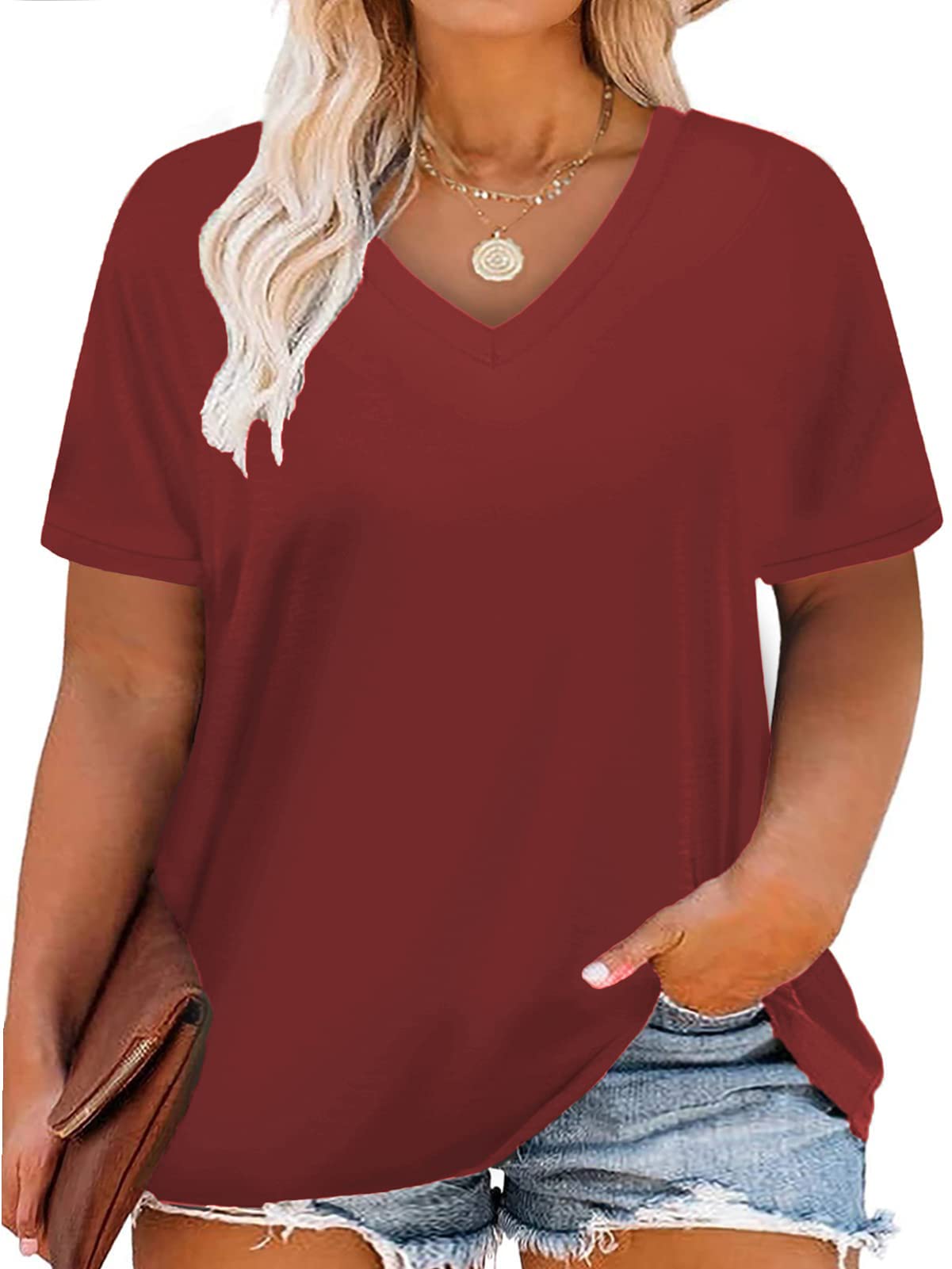 VISLILY Women Plus-Size Tops V Neck T Shirts Casual Summer Tunics Tee