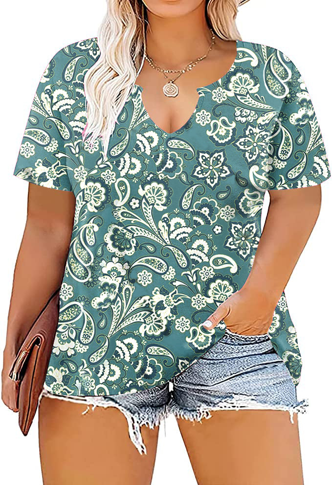 VISLILY Womens-Plus-Size-Tops Notch V Neck Summer T Shirts Short Sleeve Blouses Sexy Tunics XL-5XL