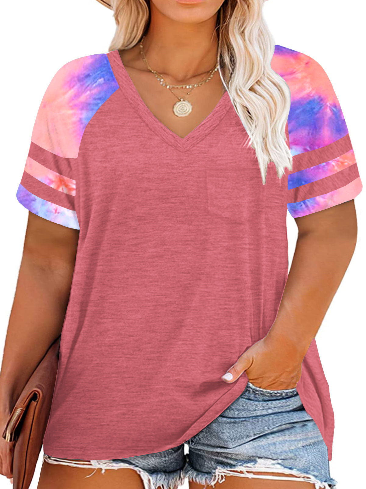 VISLILY Plus-Size Tops for Women Summer V Neck T Shirts Color Block Raglan Tees XL-4XL