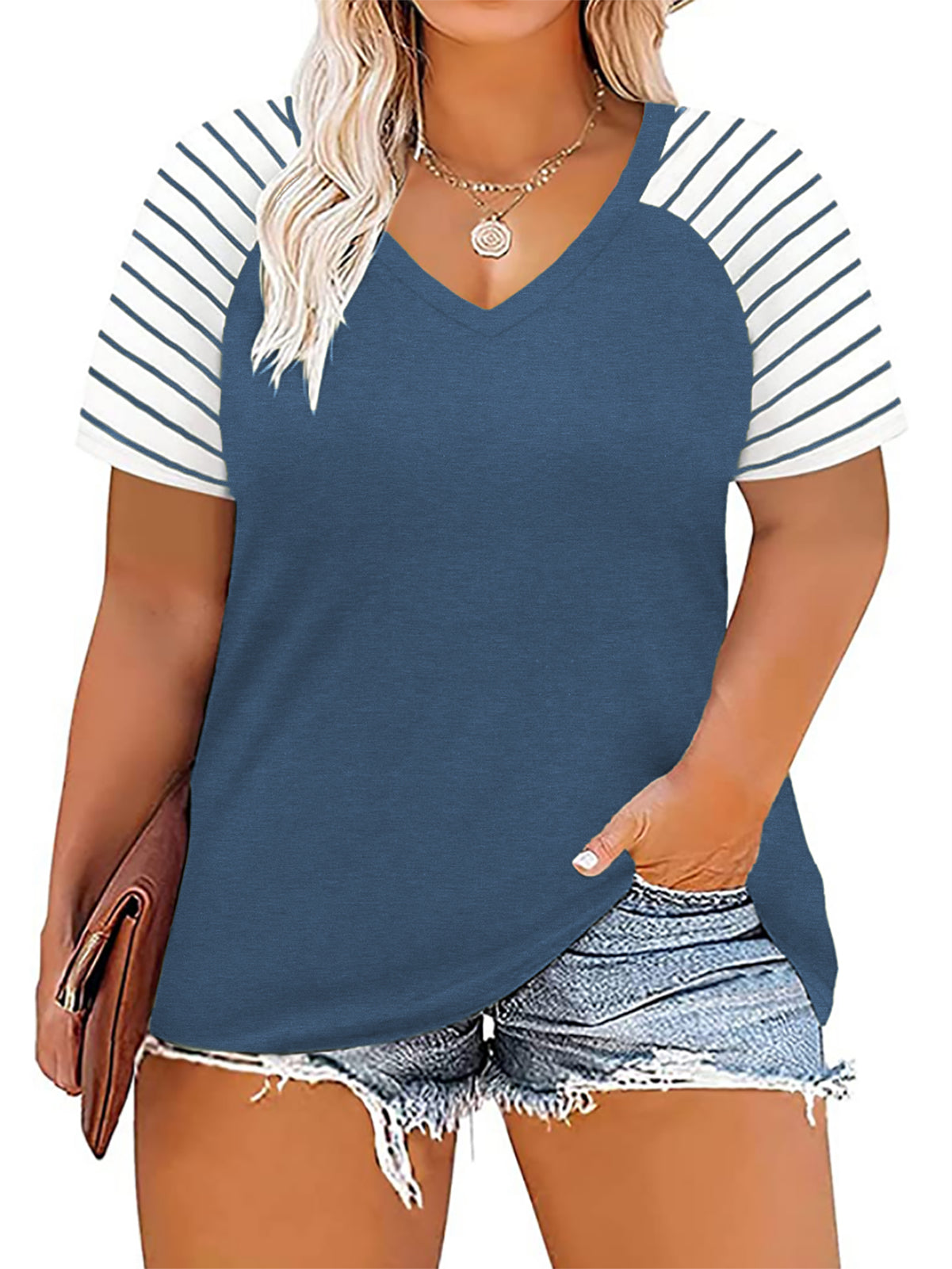 VISLILY Women's-Plus-Size-Tops V Neck Striped Raglan T Shirts Summer Short Sleeve Tee