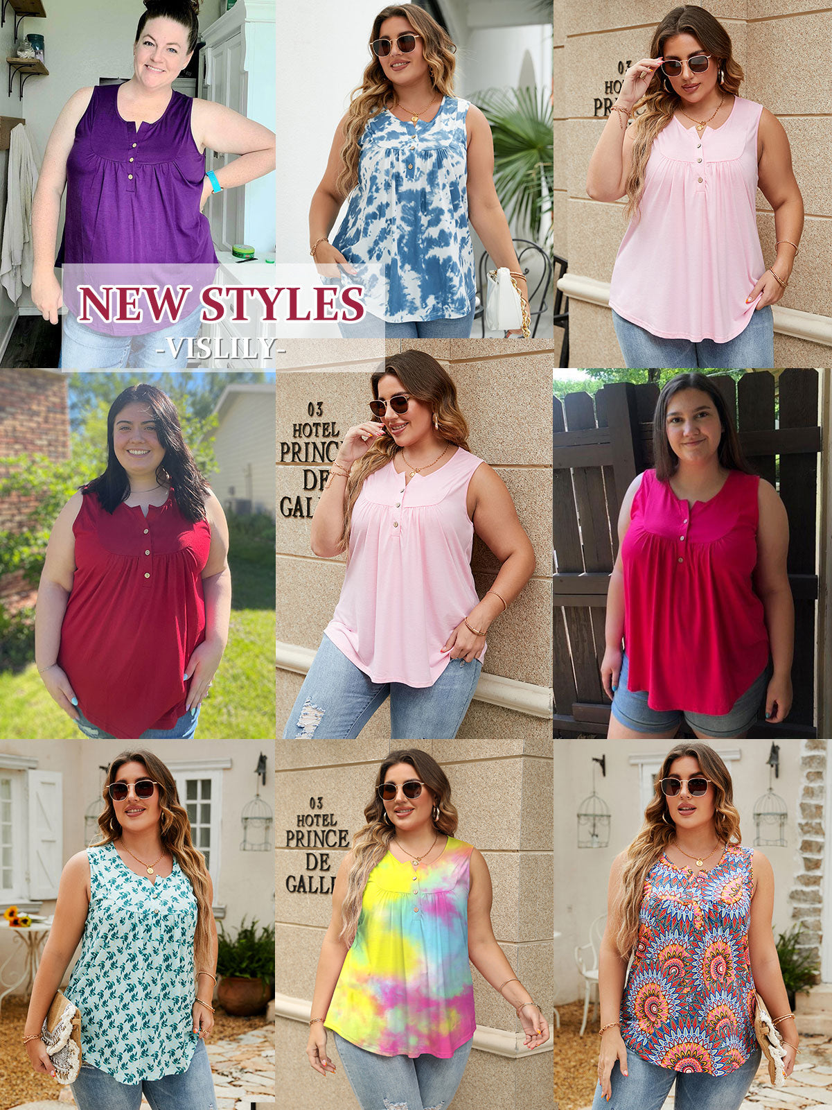 VISLILY Womens-Plus-Size-Tank-Tops Summer Sleeveless Henley Shirts Buttons Up Tunics Flowy Pleated Blouses